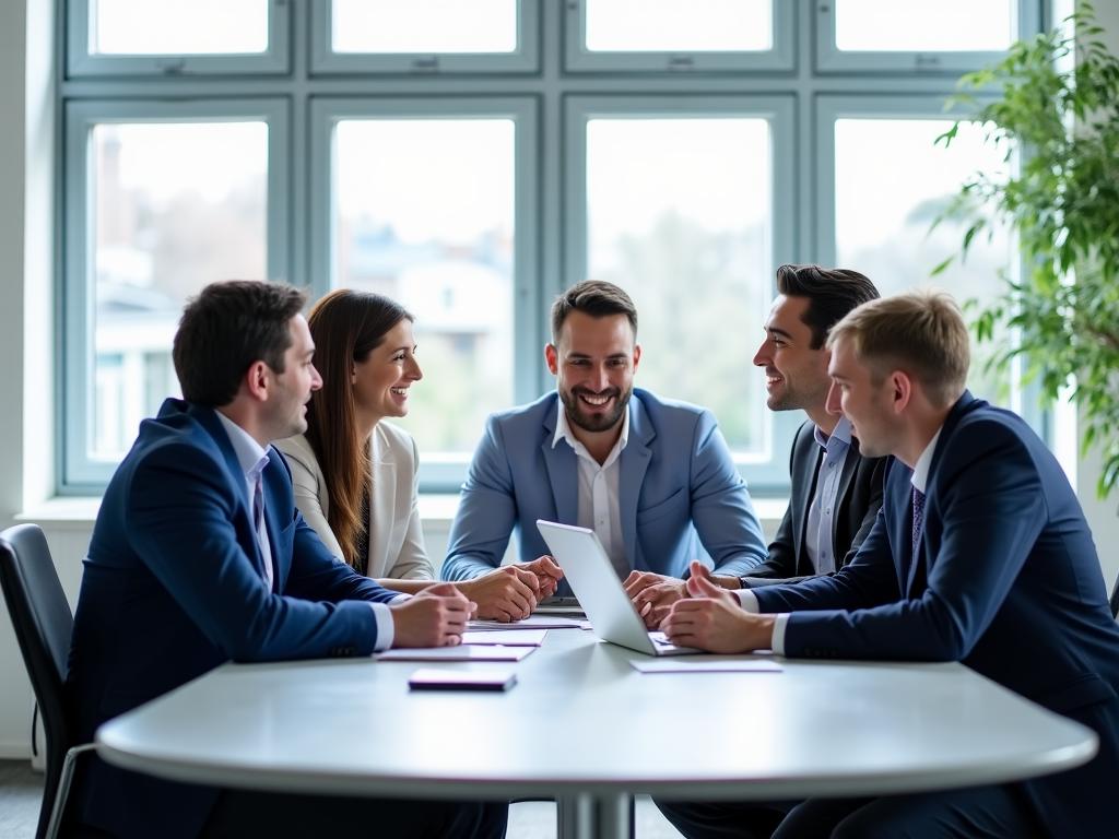 Diverse group of professionals collaborating in a bright, modern Dublin office space